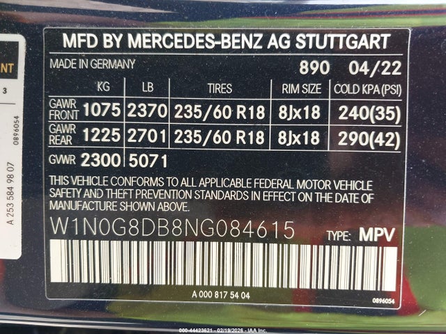 44423621 :رقم المزاد ، W1N0G8DB8NG084615 vin ، 2022 Mercedes-benz Glc 300 Suv مزاد بيع