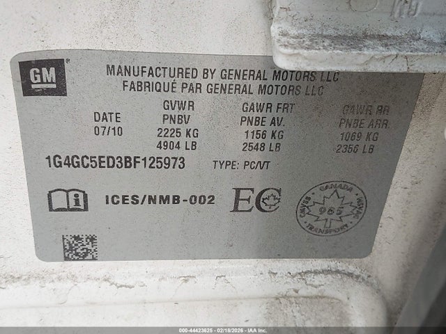 2011 Buick Lacrosse Cxl მანქანა იყიდება აუქციონზე, vin: 1G4GC5ED3BF125973, აუქციონის ნომერი: 44423625