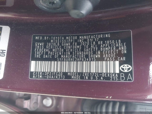 Aukcja sprzedaży 2017 Toyota Corolla Se Special Edition, vin: 5YFBURHE2HP634915, numer aukcji: 44423643