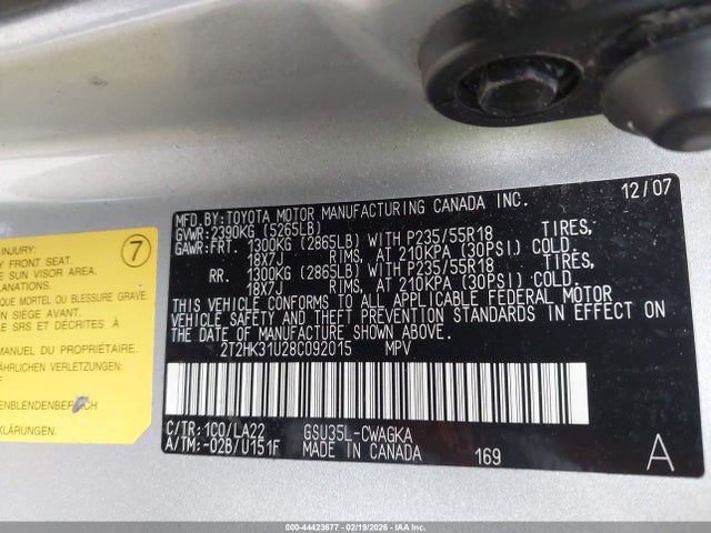 44423677 :رقم المزاد ، 2T2HK31U28C092015 vin ، 2008 Lexus Rx 350 مزاد بيع
