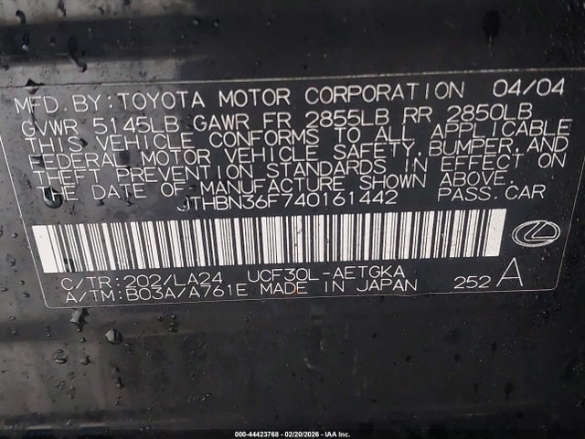 Aukcja sprzedaży 2004 Lexus Ls 430, vin: JTHBN36F740161442, numer aukcji: 44423768