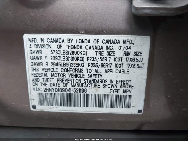 44423795 :رقم المزاد ، 2HNYD18904H521196 vin ، 2004 Acura Mdx مزاد بيع