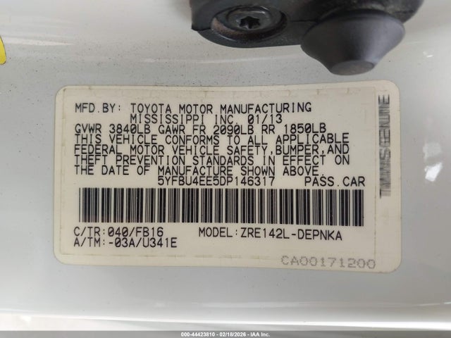 44423810 :رقم المزاد ، 5YFBU4EE5DP146317 vin ، 2013 Toyota Corolla Le مزاد بيع