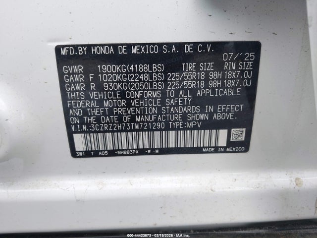 Aukcja sprzedaży 2026 Honda Hr-v Awd Ex-l, vin: 3CZRZ2H73TM721290, numer aukcji: 44423873