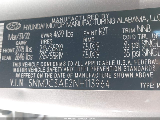 5NMJC3AE2NH113964 Hyundai TUCSON SEL