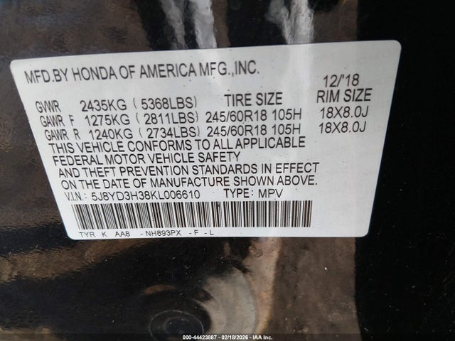 Продаж на аукціоні авто 2019 Acura Mdx Standard, vin: 5J8YD3H38KL006610, номер лоту: 44423887