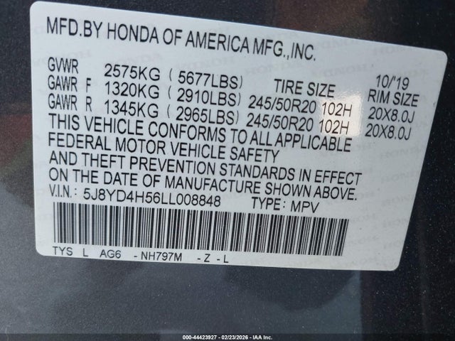 44423927 :رقم المزاد ، 5J8YD4H56LL008848 vin ، 2020 Acura Mdx Technology Package مزاد بيع
