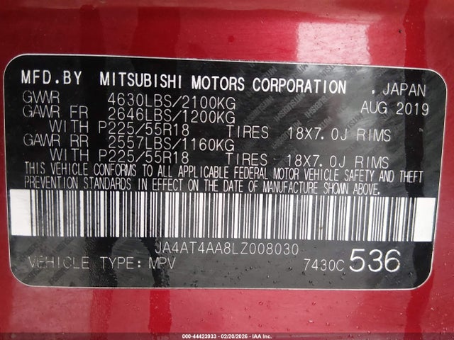 Aukcja sprzedaży 2020 Mitsubishi Eclipse Cross Sp 1.5t Awc, vin: JA4AT4AA8LZ008030, numer aukcji: 44423933