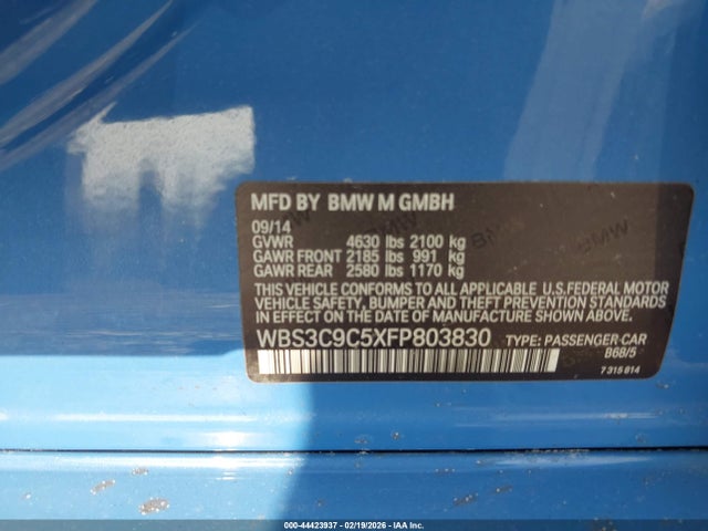 44423937 :رقم المزاد ، WBS3C9C5XFP803830 vin ، 2015 Bmw M3 مزاد بيع