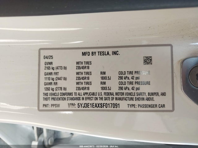 Продаж на аукціоні авто 2025 Tesla Model 3, vin: 5YJ3E1EAXSF017091, номер лоту: 44423973