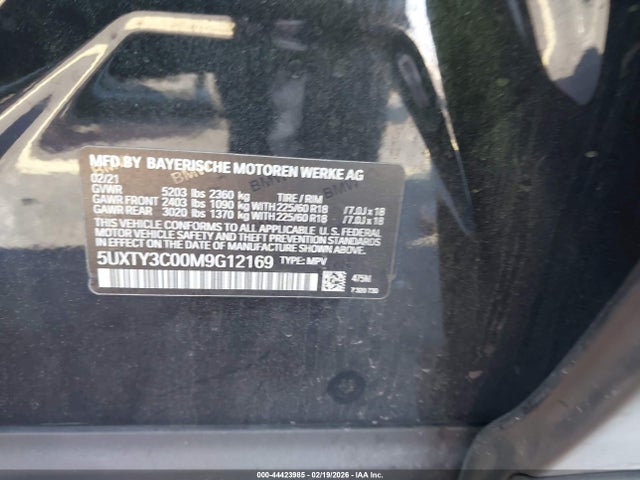 44423985 :رقم المزاد ، 5UXTY3C00M9G12169 vin ، 2021 Bmw X3 Sdrive30i مزاد بيع