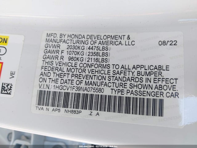 1HGCV1F39NA075580 Honda Accord Sport