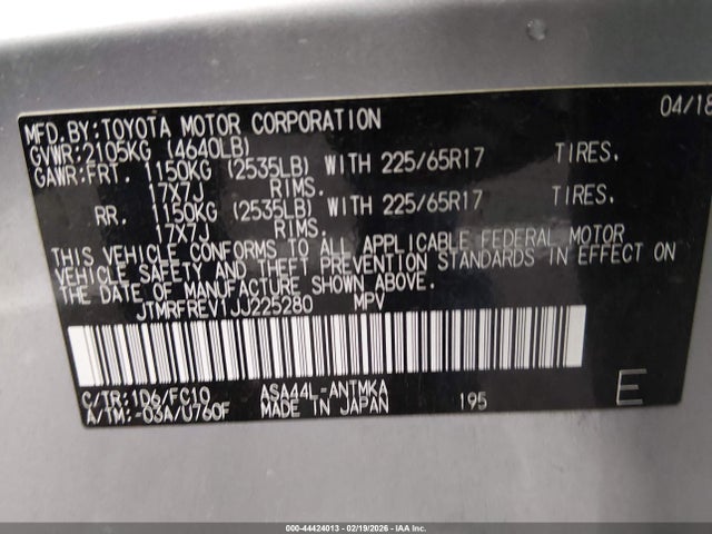 JTMRFREV1JJ225280 Toyota Rav4 Xle