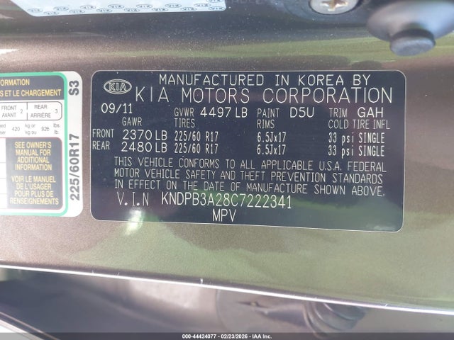 Aukcja sprzedaży 2012 Kia Sportage Lx, vin: KNDPB3A28C7222341, numer aukcji: 44424077
