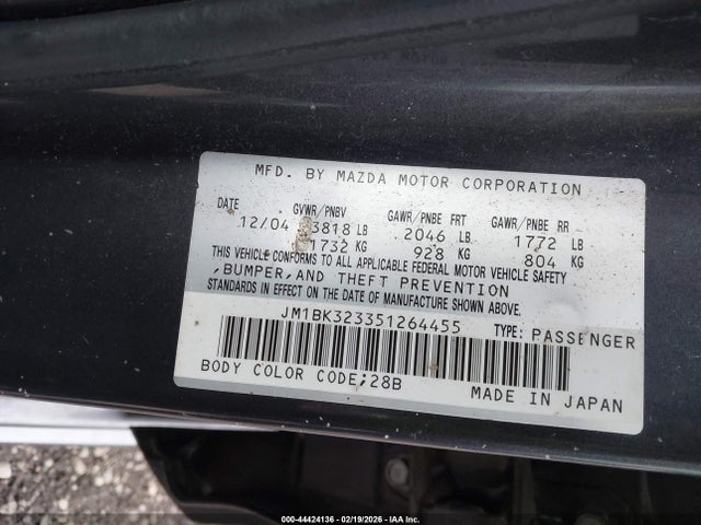 44424136 :رقم المزاد ، JM1BK323351264455 vin ، 2005 Mazda 3 S مزاد بيع