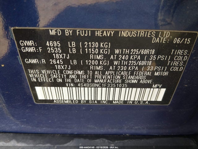 4S4BSBNC1F3351035 Subaru Outback 2.5i Limited