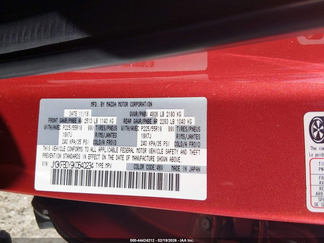 44424212 :رقم المزاد ، JM3KFBDY9K0540234 vin ، 2019 Mazda Cx-5 Grand Touring Reserve مزاد بيع