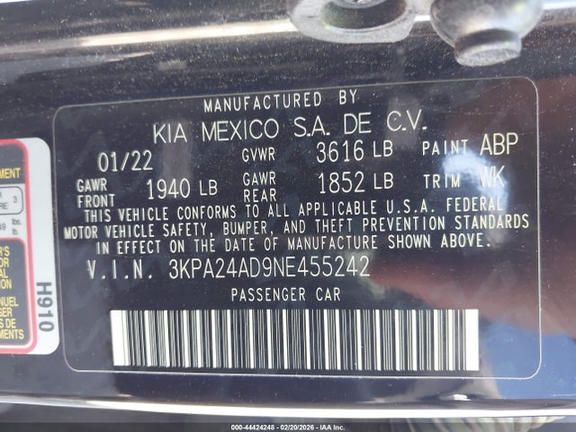 44424248 :رقم المزاد ، 3KPA24AD9NE455242 vin ، 2022 Kia Rio S مزاد بيع