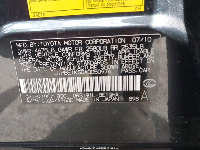 Aukcja sprzedaży 2010 Lexus Gs 350, vin: JTHBE1KS0A0050976, numer aukcji: 44424265