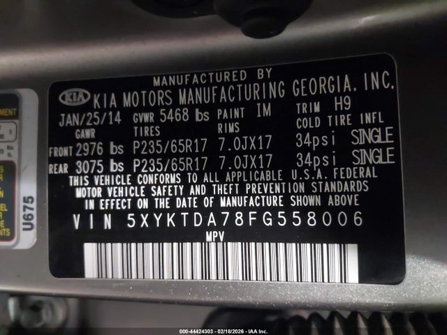 5XYKTDA78FG558006 KIA Sorento Lx V6