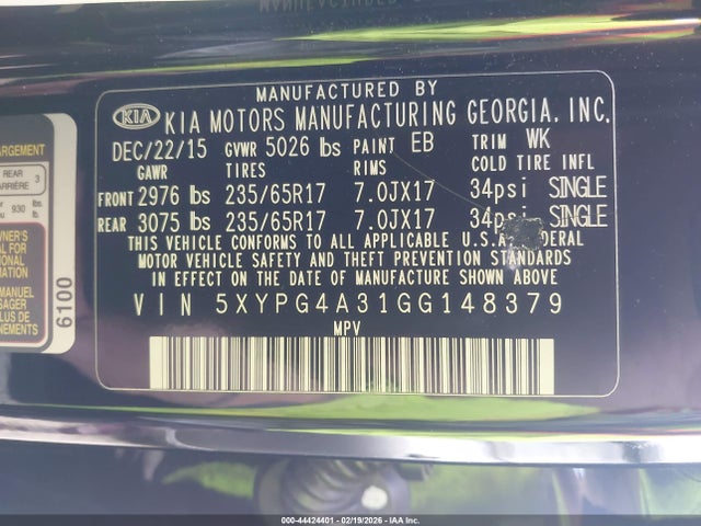 Aukcja sprzedaży 2016 Kia Sorento 2.4l L, vin: 5XYPG4A31GG148379, numer aukcji: 44424401
