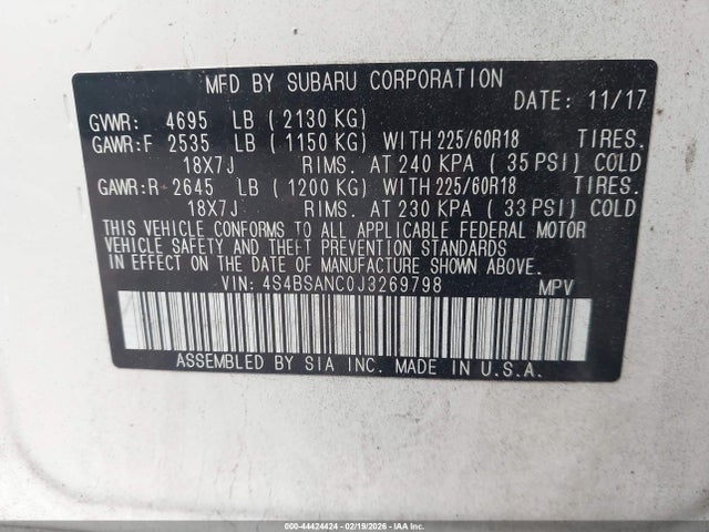Auction sale of the 2018 Subaru Outback 2.5i Limited, vin: 4S4BSANC0J3269798, lot number: 44424424
