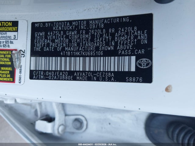 4T1B11HK7KU685106 Toyota CAMRY SE