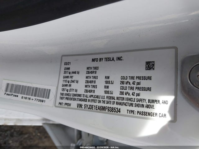 Продаж на аукціоні авто 2021 Tesla Model 3 Standard Range Plus Rear-wheel Drive, vin: 5YJ3E1EA6MF938534, номер лоту: 44424480