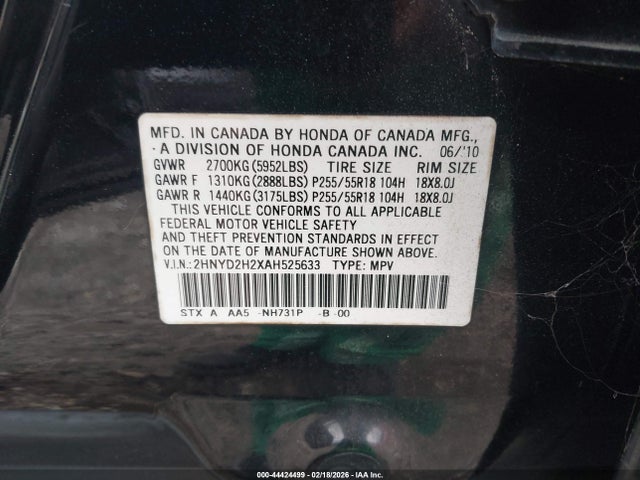 44424499 :رقم المزاد ، 2HNYD2H2XAH525633 vin ، 2010 Acura Mdx 3.7l (a6) مزاد بيع