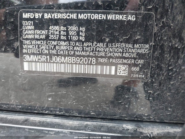 Продаж на аукціоні авто 2021 Bmw 330i, vin: 3MW5R1J06M8B92078, номер лоту: 44424544