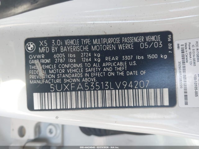Продажа на аукционе авто 2003 Bmw X5 3.0i, vin: 5UXFA53513LV94207, номер лота: 44424548
