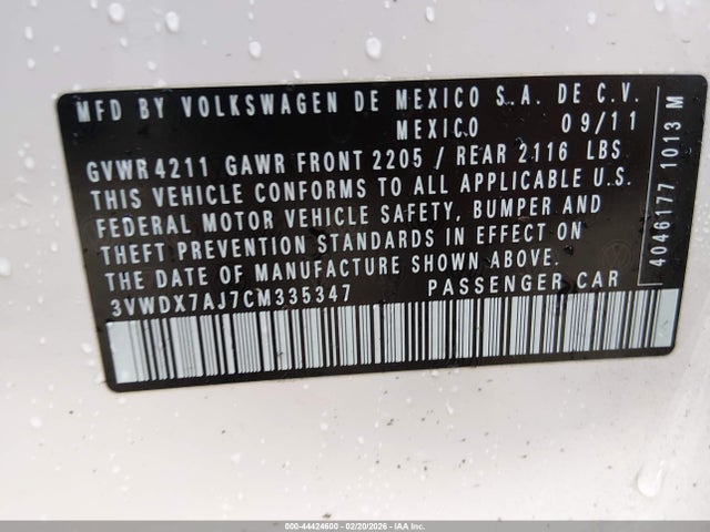 2012 Volkswagen Jetta 2.5l Se მანქანა იყიდება აუქციონზე, vin: 3VWDX7AJ7CM335347, აუქციონის ნომერი: 44424600