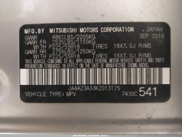 Aukcja sprzedaży 2019 Mitsubishi Outlander Se, vin: JA4AZ3A33KZ013175, numer aukcji: 44424652