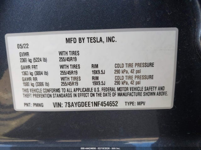 2022 Tesla Model Y Long Range Dual Motor All-wheel Drive მანქანა იყიდება აუქციონზე, vin: 7SAYGDEE1NF454652, აუქციონის ნომერი: 44424656