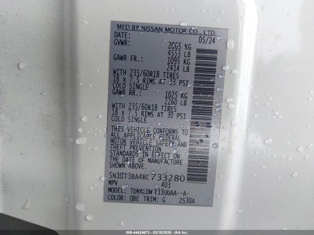44424673 :رقم المزاد ، 5N1BT3BA4RC733280 vin ، 2024 Nissan Rogue Sv Fwd مزاد بيع