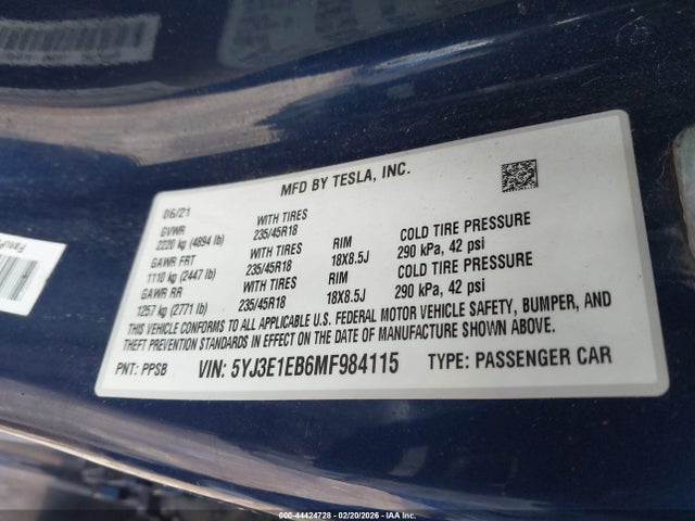 Продажа на аукционе авто 2021 Tesla Model 3 Long Range Dual Motor All-wheel Drive, vin: 5YJ3E1EB6MF984115, номер лота: 44424728