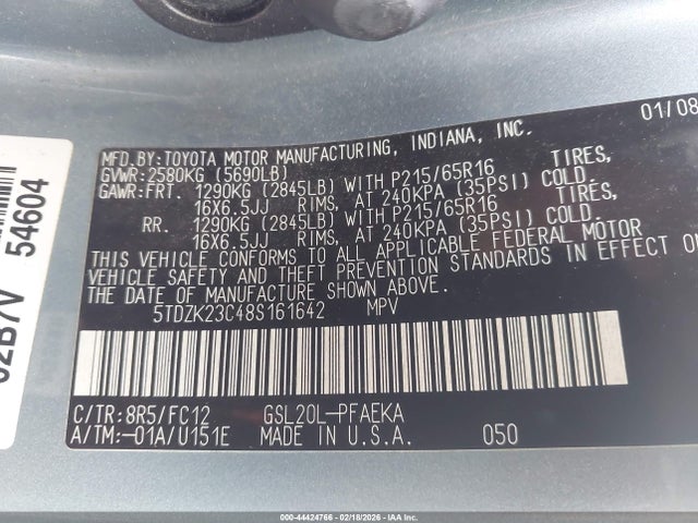 44424766 :رقم المزاد ، 5TDZK23C48S161642 vin ، 2008 Toyota Sienna Le مزاد بيع