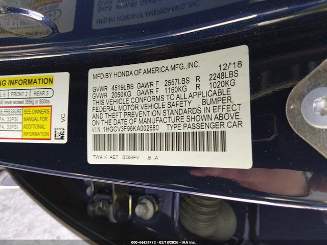 44424772 :رقم المزاد ، 1HGCV3F96KA002680 vin ، 2019 Honda Accord Hybrid Touring مزاد بيع
