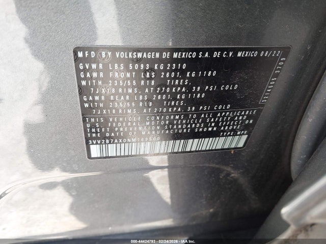 44424793 :رقم المزاد ، 3VV2B7AX0NM169500 vin ، 2022 Volkswagen Tiguan 2.0t Se مزاد بيع