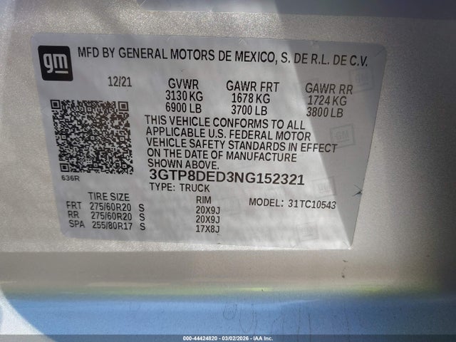 Продаж на аукціоні авто 2022 Gmc Sierra 1500 Limited 2wd  Short Box Slt, vin: 3GTP8DED3NG152321, номер лоту: 44424820