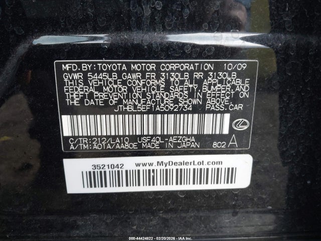 44424822 :رقم المزاد ، JTHBL5EF1A5092734 vin ، 2010 Lexus Ls 460 مزاد بيع