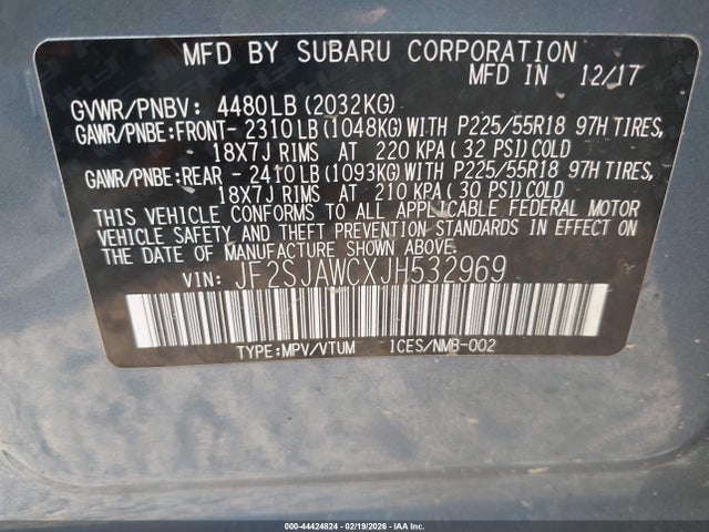 2018 Subaru Forester 2.5i Touring მანქანა იყიდება აუქციონზე, vin: JF2SJAWCXJH532969, აუქციონის ნომერი: 44424824