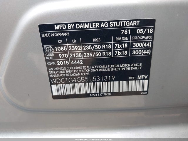 44424832 :رقم المزاد ، WDCTG4GB5JJ531319 vin ، 2018 Mercedes-benz Gla 250 4matic مزاد بيع