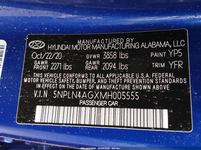 44424848 :رقم المزاد ، 5NPLN4AGXMH005555 vin ، 2021 Hyundai Elantra Sel مزاد بيع