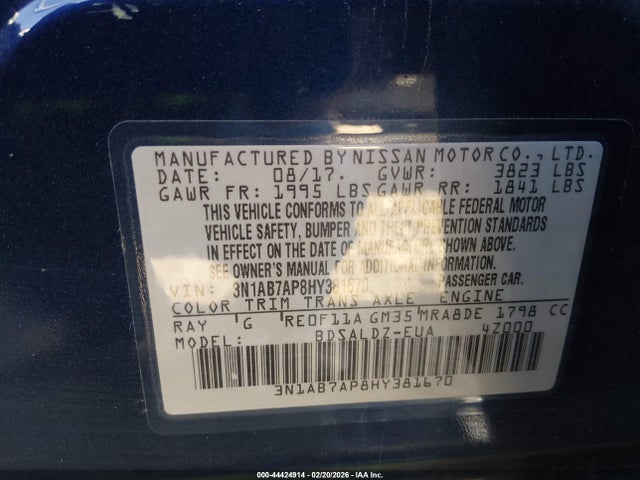 44424914 :رقم المزاد ، 3N1AB7AP8HY381670 vin ، 2017 Nissan Sentra Sv مزاد بيع