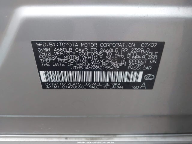 44424926 :رقم المزاد ، JTHBJ46G382155478 vin ، 2008 Lexus Es 350 مزاد بيع