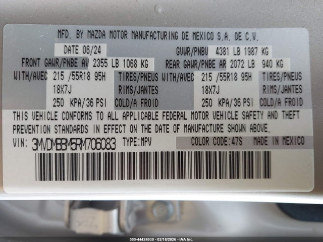 44424930 :رقم المزاد ، 3MVDMBBM5RM706083 vin ، 2024 Mazda Cx-30 2.5 S Select Sport مزاد بيع