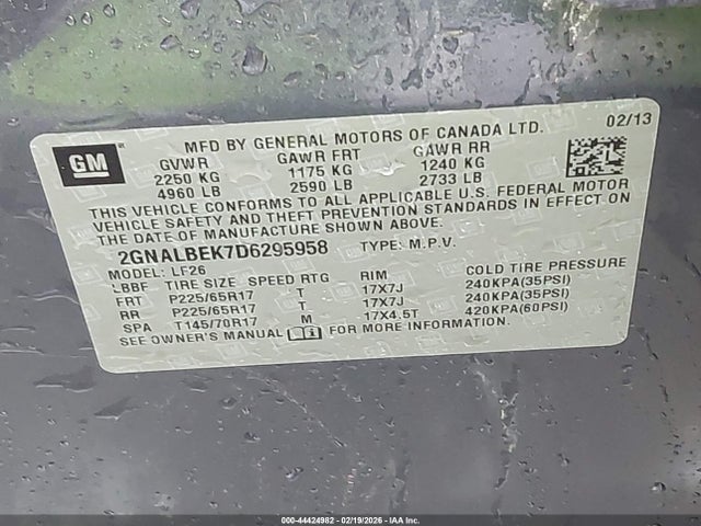 44424982 :رقم المزاد ، 2GNALBEK7D6295958 vin ، 2013 Chevrolet Equinox Ls مزاد بيع