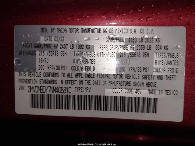 44425003 :رقم المزاد ، 3MVDMBDY7NM408810 vin ، 2022 Mazda Cx-30 2.5 Turbo Premium مزاد بيع