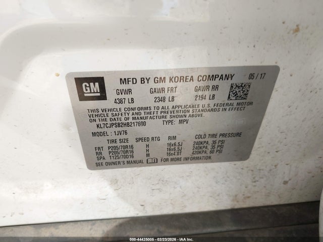 Aukcja sprzedaży 2017 Chevrolet Trax Lt, vin: KL7CJPSB2HB217600, numer aukcji: 44425005